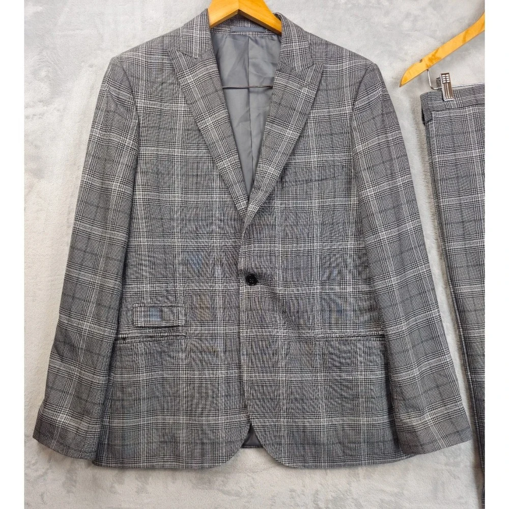 Moss London Mens Gray Houndstooth Plaid Suit Skinny Fit 42R Pants 36x31